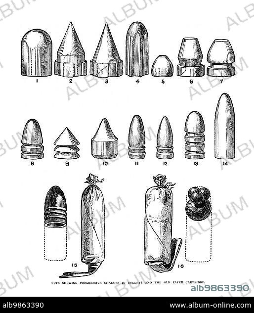 Cuts showing progressive changes in bullets and the old paper cartridge.. US Magazine illustration from 1880. 1, 2 and 3 The Original Minie ball, with an iron cup in the base, and as improved and used without cups 4 Whitworth bullet 5, 6, and 7 Bullets used by France during and immediately after the Crimean war 8 and 9 German bullets 10 A Sardinian bullet 11 and 12 Swiss bullets 13 Bullet currently used at our (USA) military service 14 Bullet for long range firing 15 Paper cartridge with a Minie bullet 16 B.