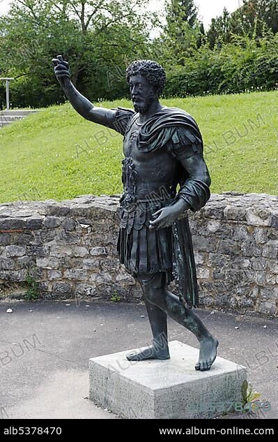 Emperor Marc Aurel, statue, Limes Museum Aalen, Baden-Wuerttemberg, Germany, Europe.