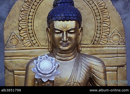 Golden Buddha on the ground of the Mahabodhi-Temple, Bodhgaya, Bihar, India, Asia.