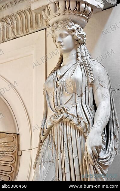 Reconstruction of the attic of the portico to the Forum of Augustus with a Caryatid, Museum of the Imperial Forum, Museo dei Fori Imperiali, Trajan's Market, Rome, Lazio, Italy, Europe.