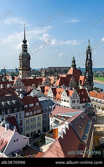 Aerial panoramic view of Residenzschloß or Dresden Castle with Hausmannsturm tower and Hofkirche church in historic centre, Dresden, Saxony, Germany, Europe.