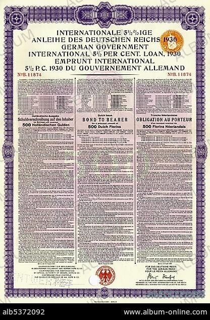 Historic security, loan note, international bond of the German Reich, 5.5%, 1000 Dutch guilders, 1930, Berlin, Germany, Europe.