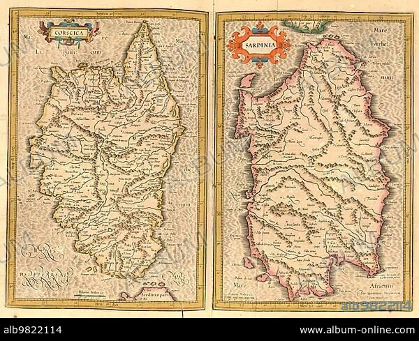 Atlas; map from 1623; Corsica; France and Sardinia; Italy; digitally restored reproduction from an engraving by Gerhard Mercator; born as Gheert Cremer; 5 March 1512; 2 December 1594; geographer and cartographer; Europe.