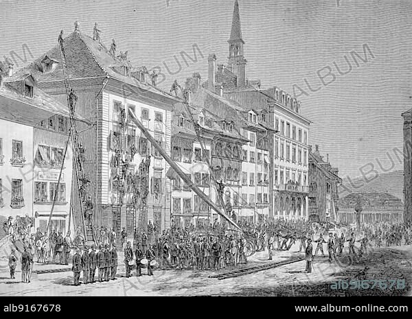 The fire brigade of the city of Bern in Switzerland during an exercise, Historic, digitally restored reproduction of an original from the 19th century, exact original date unknown.