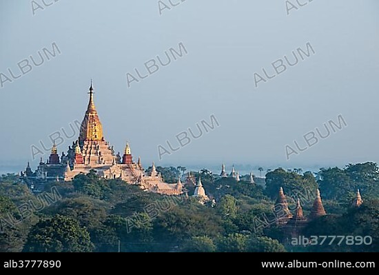 Ananda Temple, gilded tower structure or Shikhara, Thatbyinnyu Temple, stupas, pagodas, temple complex, in the evening light, Plateau of Bagan, Mandalay Division, Burma or Myanmar.