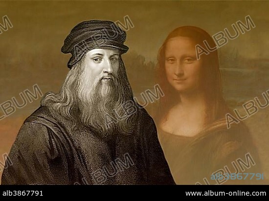 Painting Mona Lisa, in front Leonardo da Vinci, Italian painter, sculptor, architect, engineer, historical illustration.