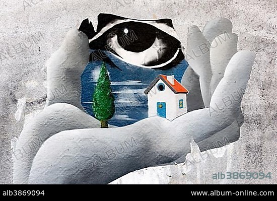 Graffiti with eye, hand, house, tree, Cologne, North Rhine-Westphalia, Germany, Europe.
