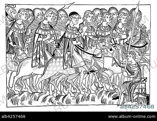 A courier of Archbishop Peter of Mainz brings the returning from Rome Archbishop of Trier, Baldiun of Lützelburg, news of the assassination of King Albrecht and Count Heinrich von Lützelburg, woodcut, Germany, Europe.
