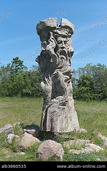 Cult place with a replica of a Svantevit statue, idol of Slavs with four heads, Jaromarsburg, Kap Arkona, Rügen Island, Mecklenburg-Western Pomerania, Germany, Europe.
