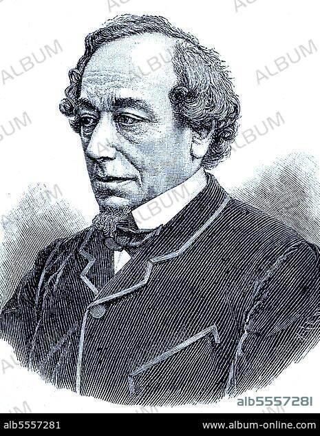Benjamin Disraeli, 1. Earl of Beaconsfield, 21. Dezember 1804, 19. April 1881, war ein britischer Staatsmann der Konservativen Partei und zweimaliger Premierminister des Vereinigten Königreichs, digitale verbesserte Reproduktion eines Originaldrucks aus dem 19. Jahrhundert.