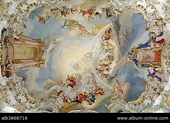 Dome fresco, Wieskirche or Pilgrimage Church of Wies, Rococo, UNESCO World Heritage Site, Wies, Steingaden, Pfaffenwinkel region, Upper Bavaria, Bavaria, Germany, Europe.