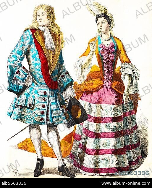 Münchener Bilderbogen, Herr Dame vom Hofe Ludwig XIV, Robe, zwei Personen, Porträt, historische Illustration 1890, Kostüme, Beginn 18. Jahrhundert, Frankreich.