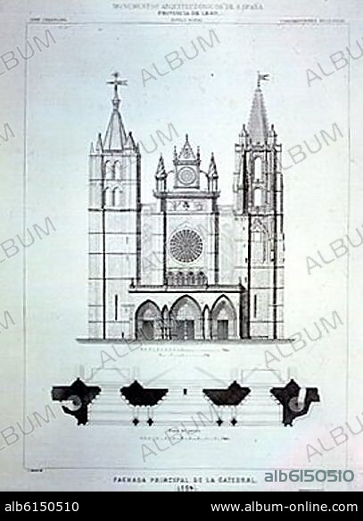 GRABADO DE LA FACHADA PRINCIPAL DE LA CATEDRAL DE LEON.