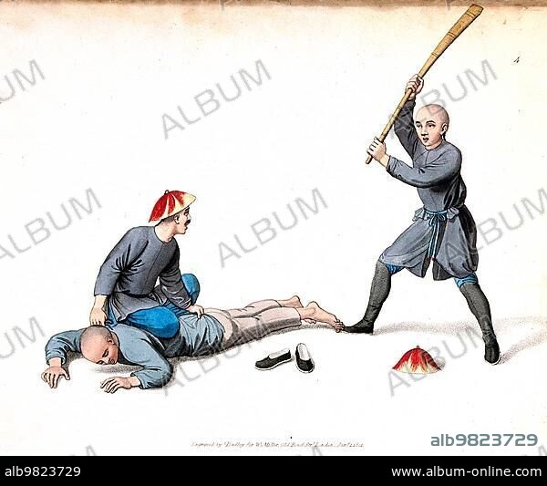Torture; Punishment; Punishment; A Chinese man is held down on the ground by one man while another beats him with a wooden stick; c. 1810; China; Historical; digitally restored reproduction from a 19th century original; Asia.
