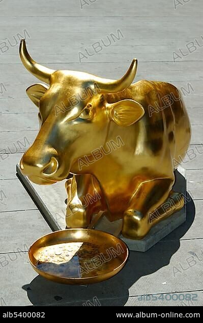 Golden calf, CowParade, Geneva, Switzerland, Europe.