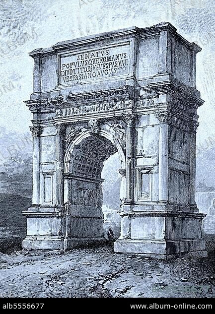 Der Titusbogen, italienisch Arco di Tito, ist ein klösterlicher Triumphbogen auf der Velia in Rom, erbaut um 82 n. Chr. steht auf dem archäologischen Gelände des Forum Romanum und Palatin, Italien, digital verbesserte Reproduktion eines Originals aus dem Jahr 1880.