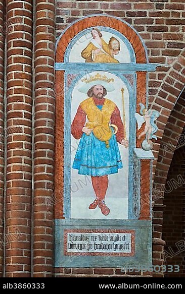 Grave of King Harald Bluetooth, fresco in Cathedral of Roskilde, Roskilde, Zealand, Denmark, Europe.