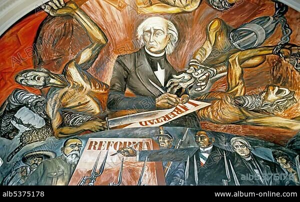 Beatriz Hernandez at the Poder Judicial, frescos by Jose Clemente Orozco, Guadalajara, Mexico, Central America.