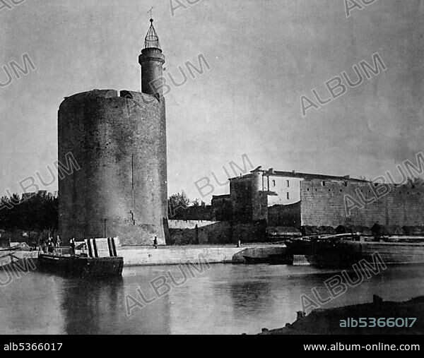 Early autotype of the Tour de Constance guard tower in Aigues Mortes, DÃ©partement Gard, France, historical photograph, 1884, Europe.