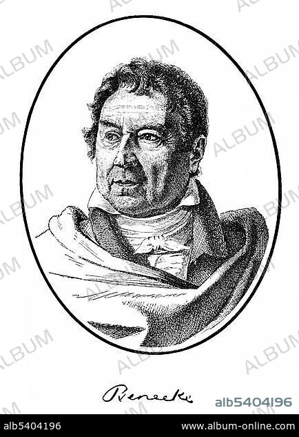 Historical engraving, portrait with autograph of Georg Friedrich Benecke, 1762-1844, German philologist, German literature of the Middle Ages, 19th century, from Bildatlas zur Geschichte der Deutschen Nationalliteratur by Gustav Koennecke, illustrated atlas, 1887.