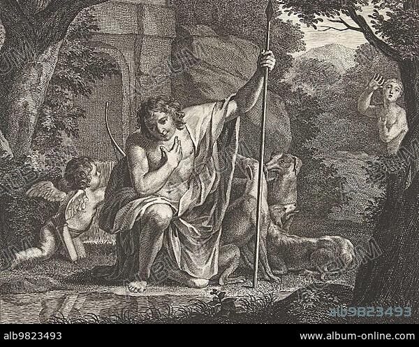 Narcissus contemplating his reflection in the water; in Greek mythology a beautiful youth who rejected the love of others and fell in love with his own reflection; wasted away with longing and was transformed into the eponymous flower (Narcissus); 1800; after a work of art by Abraham Delfos; Historical; digitally restored reproduction from a 19th century original.