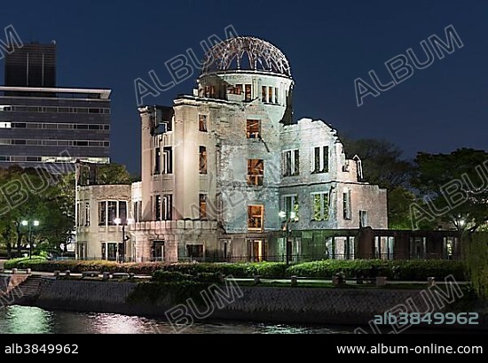 Atomic Bomb Dome at Hiroshima Peace Memorial by night, Hiroshima, Japan, Asia.
