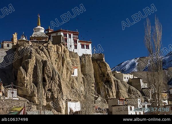 Lamayuru Gompa, one of the oldest and largest Buddhist monasteries in Ladakh, photographed in winter, on a clear, blue sky day. Many inhabitants of this Indian region, which is often called Little Tibet, follow the Tibetan Buddhism. Leh District, Union Territory of Ladakh, India, Asia.