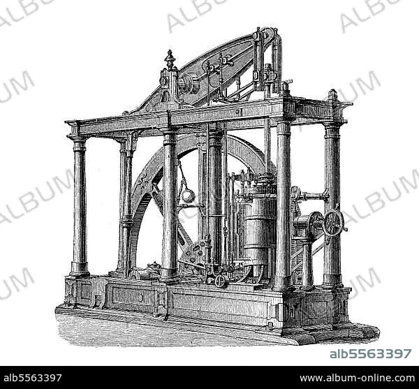 Dampfmaschinen des 19. Jahrhunderts: Maschine mit Balancier nach Watt, digital restaurierte Reproduktion einer Originalvorlage aus dem 19. Jahrhundert.