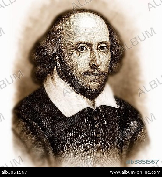 Historical engraving, digitally processed, portrait of William Shakespeare, 1564 - 1616, Chandos portrait, an English playwright, poet and actor.