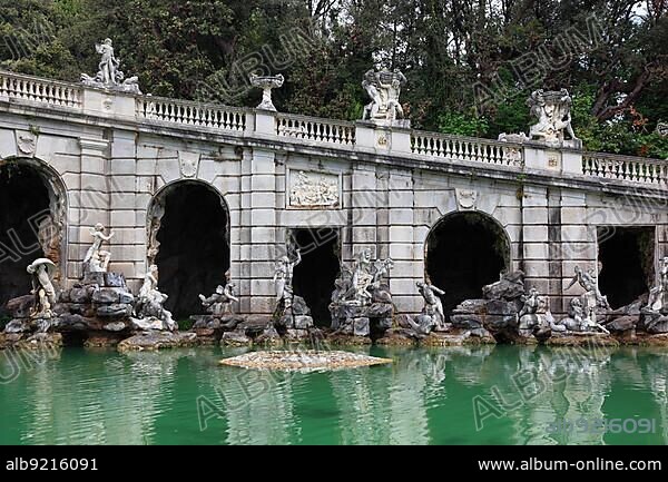 Aeolus Fountain in the Castle Park, Royal Palace of Caserta, Palazzo Reale di Caserta, Reggia di Caserta, one of the largest castles in Europe, Unesco World Heritage Site, near Naples, Campania, Italy, Europe.