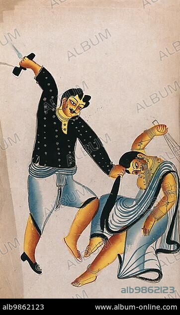 Domestic violence: A man holds his woman by the hair and wants to hit her with a shoe while she tries to fight back with a broom. Watercolour drawing. Husband and woman. Domestic violence. Anger. Wife abuse, 1890, East India, Bengal, Kolkata, Temple Kalighat, Historical, digitally restored reproduction from a 19th century original.