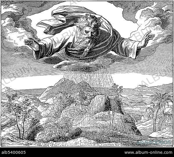 Woodcut, God, the third day of creation, God creates the land and the sea, Genesis 1, 9, creation of the world, Old Testament, Catholic Picture-Bible, Wedesday