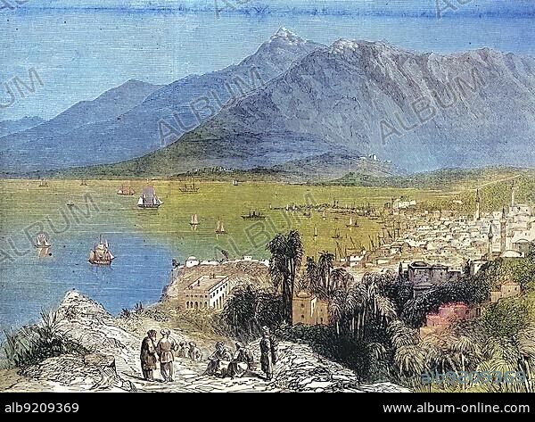 The Port of Beirut and the Mountainous Landscape in the Background, 1869, Lebanon, Historic, digitally restored reproduction of an original 19th century painting, exact original date unknown, Asia.