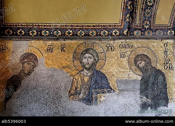 Christ Pantocrator, Mary and John the Baptist, Deesis mosaic at the South Gallery, Hagia Sophia, Aya Sofya, Sultanahmet, Istanbul, Turkey, Asia.