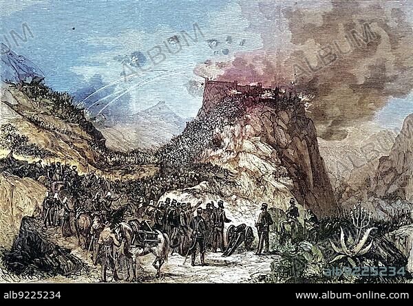 Capture of the fortress of Magdala by English troops. The Battle of Magdala took place on 13 April 1868 and was the final point of the British Ethiopian Expedition of 1867-68, Historical, digitally restored reproduction of a 19th century original.