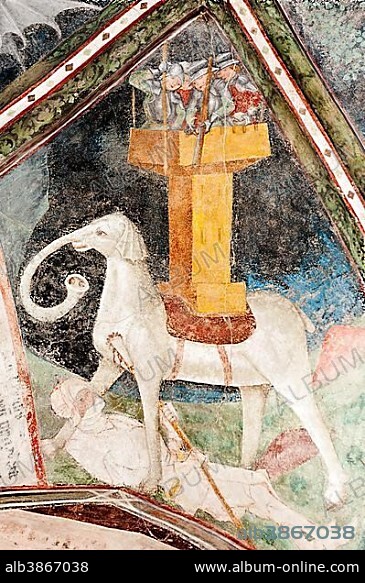 Gothic fresco, Eleazar Awaran kills the War Elephant Soliman and is crushed it, 3. Cloister, Cathedral, Brixen, South Tyrol, Italy, Europe.