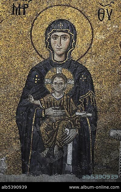 Byzantine mosaic of the Virgin Mary with the baby Jesus in the Hagia Sophia, Istanbul, Turkey, Asia.