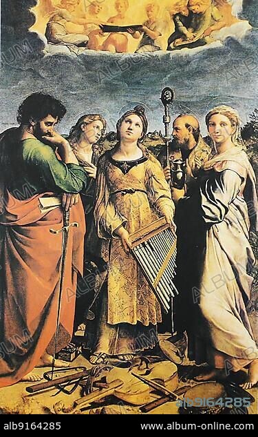 Saint Cecilia, by Raffaello Sanzio da Urbino, also Raffael da Urbino, Raffaello Santi, Raffaello Sanzio, Raphael, Italian painter, Italy, digitally restored reproduction of a work of art (public domain) from c. 1500, Europe.