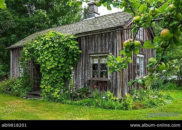 The picturesque herb garden with Kroppefjäll's local history museum and a small café is located on the grounds of the former spa park (Brunnsparken) and is one of the visitor magnets of the small town; Dals Rostock; Dalsland; Västra Götalands län; Sweden; Europe.