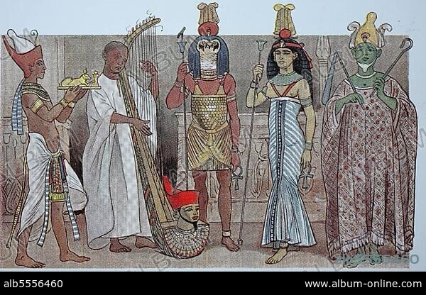 Kleidung im Alten Ägypten, Neues Reich 1600-1100 v. Chr. von links, König beim Opfer mit goldener Salbe, blinder Priester mit Harfe, der Gott Mont von Hermonthis mit Sperlingskopf, Federkopfschmuck, Sonnenscheibe und Uräusschlange, die Königin als Göttin und der Gott Osiris in vermenschlichter Darstellung, digital verbesserte Reproduktion einer Illustration aus dem 19. Jahrhundert.
