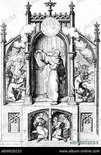 Martin Luther slams the 95 theses on the church door in Wittenberg (main picture); indulgence preacher Tezel (left); Wittenberg students burn Tezel's opposites (right); Luther in the confessional refuses absolution to confessors insisting on indulgences (below); religion; catholic; protestant; confession; 16th century; historical illustration circa 1860.