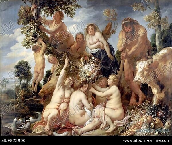 The Overcoming of Achelous by Hercules. The Origin of the Cornucopia; Allegory of Fertility; Painting by Jacob Jordaens; Historical; Digitally restored reproduction of a historical work of art.