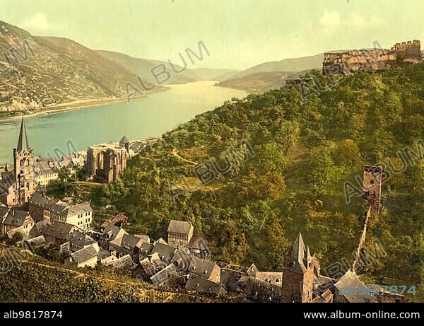 Bacharach and the ruins of Stahleck Castle; Rhine; Rhineland-Palatinate; Germany; Historic; photochrome print from the 1890s; Europe.