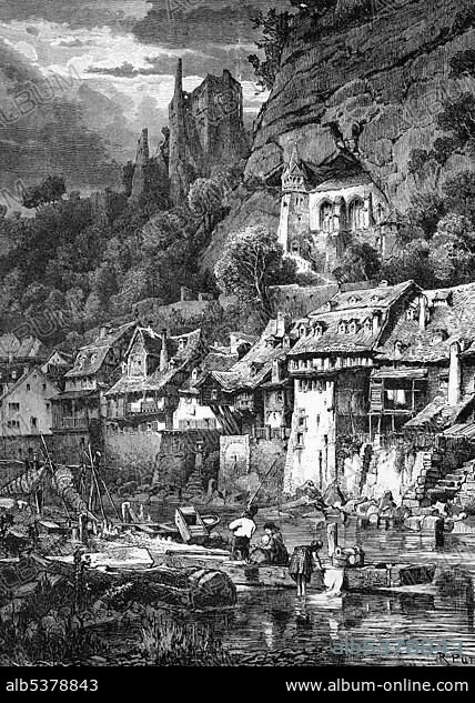 Oberstein on the Nahe River, today Idar-Oberstein, Rhineland-Palatinate, Germany, historical engraving, 1888, Europe.