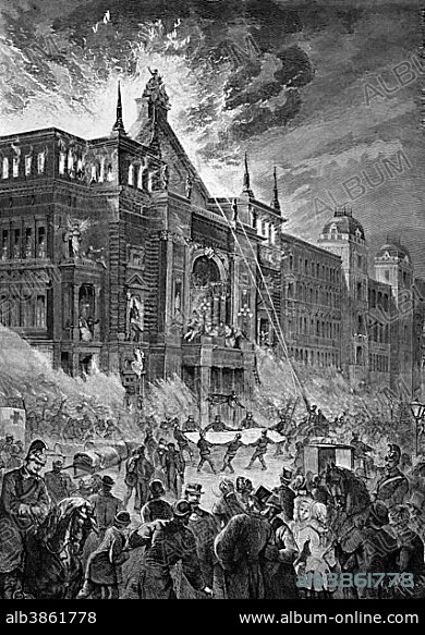 The fire at the Ringtheater theatre in Vienna on 8 December 1881, one of the largest fires of the 19th century in Austro-Hungary, historical engraving of 1883.