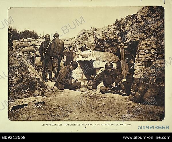 Soldiers at shelter in trench at Diksmuide in Flanders during the First World War, Belgium, Europe.