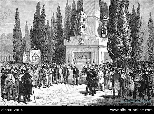 Democratic meeting in Madrid's May 2nd Square, commemorating the May 2nd Uprising, levantamiento del dos de mayo, the violent events of May 2nd 1808 in Madrid that sprang from the Spanish people's resistance to the uncertain political conditions following the Aranjuez Mutiny, 1869, Spain, Historical, digitally restored reproduction of an original 19th century artwork, exact original date unknown