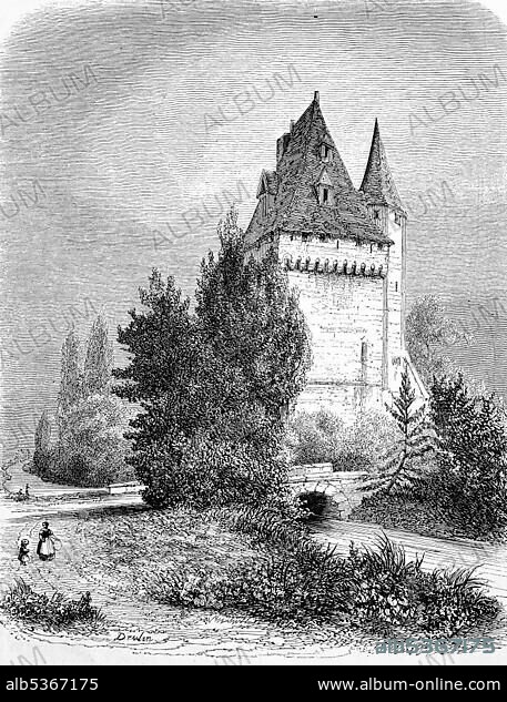 Keep, kype, a type of fortified tower, Donjon, 1860, historical woodcut, France, Europe.