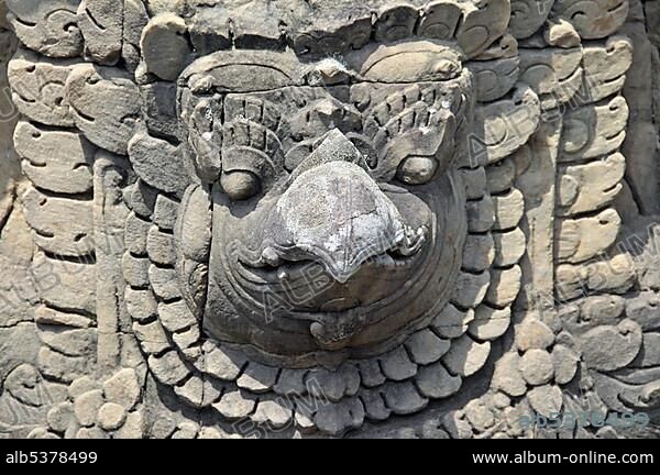 Relief of Garuda, Indian mythology, half-human half-eagle, kills snakes, riding animal of Vishnu, Terrace of the Elephants, Angkor, Cambodia, Asia.