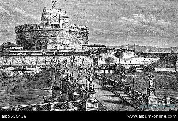 Die Engelsburg, Castel Sant’Angelo oder Mausoleo di Adriano, und Engelsbrücke in Rom, Italien, im Jahre 1880, Historisch, digital restaurierte Reproduktion einer Originalvorlage aus dem 19. Jahrhundert.